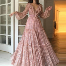 Load image into Gallery viewer, 2019 Gold pink Long Prom Dresses A Line Sexy V-neck Long Sleeves Formal Pageant Holidays Wear Graduation Evening Party Gowns