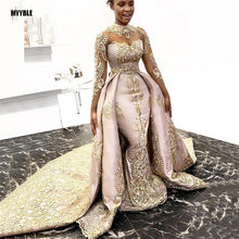 Load image into Gallery viewer, MYYBLE 2020 Gold Lace 2 Piece Evening Gowns Mermaid Long Prom Gowns See Thru Full Sleeves Formal Dresses Robe De Soiree

