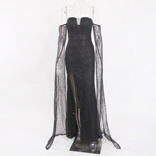 Load image into Gallery viewer, Floor Length Sleeve Celebrity Dress Hollow Out Off The Shoulder Evening Dress Split Leg Gold Glittered Boat Neck Maxi Dress
