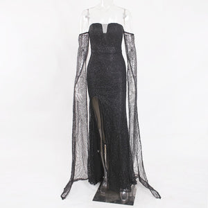 Floor Length Sleeve Celebrity Dress Hollow Out Off The Shoulder Evening Dress Split Leg Gold Glittered Boat Neck Maxi Dress