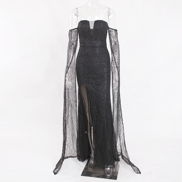 Floor Length Sleeve Celebrity Dress Hollow Out Off The Shoulder Evening Dress Split Leg Gold Glittered Boat Neck Maxi Dress