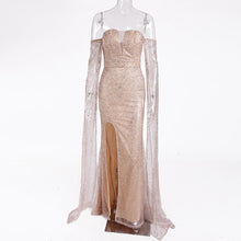Load image into Gallery viewer, Floor Length Sleeve Celebrity Dress Hollow Out Off The Shoulder Evening Dress Split Leg Gold Glittered Boat Neck Maxi Dress
