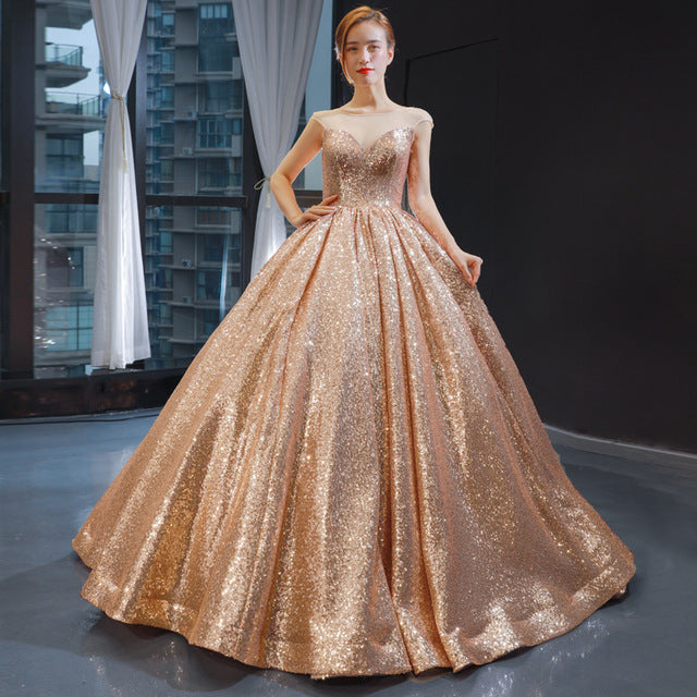 2020 New Sparkly Sequins Ball Gown Evening Dress Sheer Neck Cap Sleeve Floor length Formal Red Carpet Party Dresses vestidos