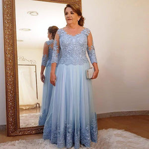 Plus Size Mother Of The Bride Dresses A-line Long Sleeves Tulle Appliques Lace Beaded Groom Long Mother Dresses For Wedding