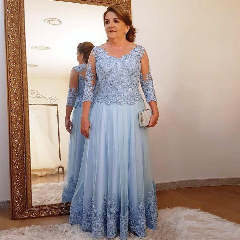 Plus Size Mother Of The Bride Dresses A-line Long Sleeves Tulle Appliques Lace Beaded Groom Long Mother Dresses For Wedding